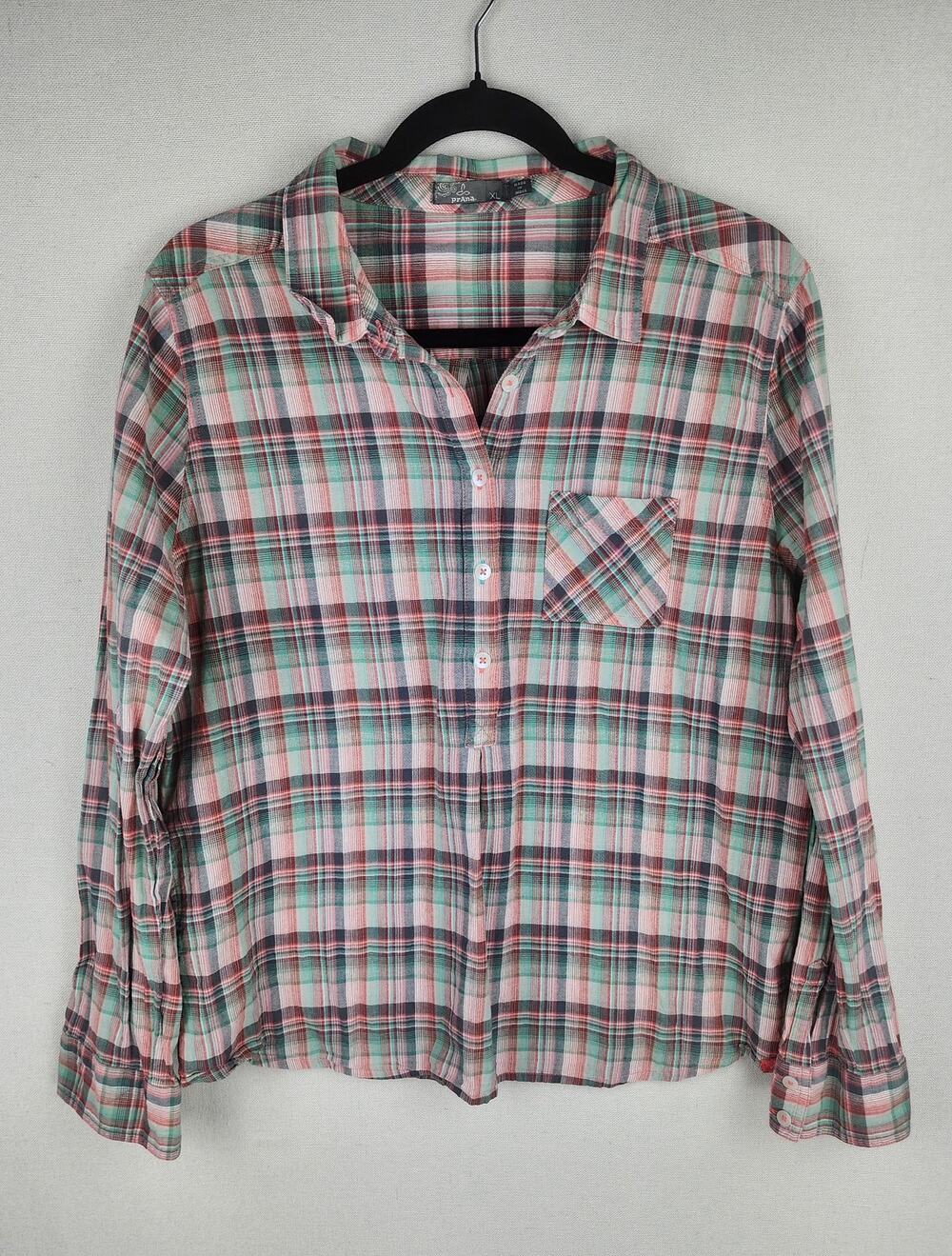 Prana Shirt Womens XL Bora Bay Gina Plaid pink green half button-up western - Picture 1 of 12